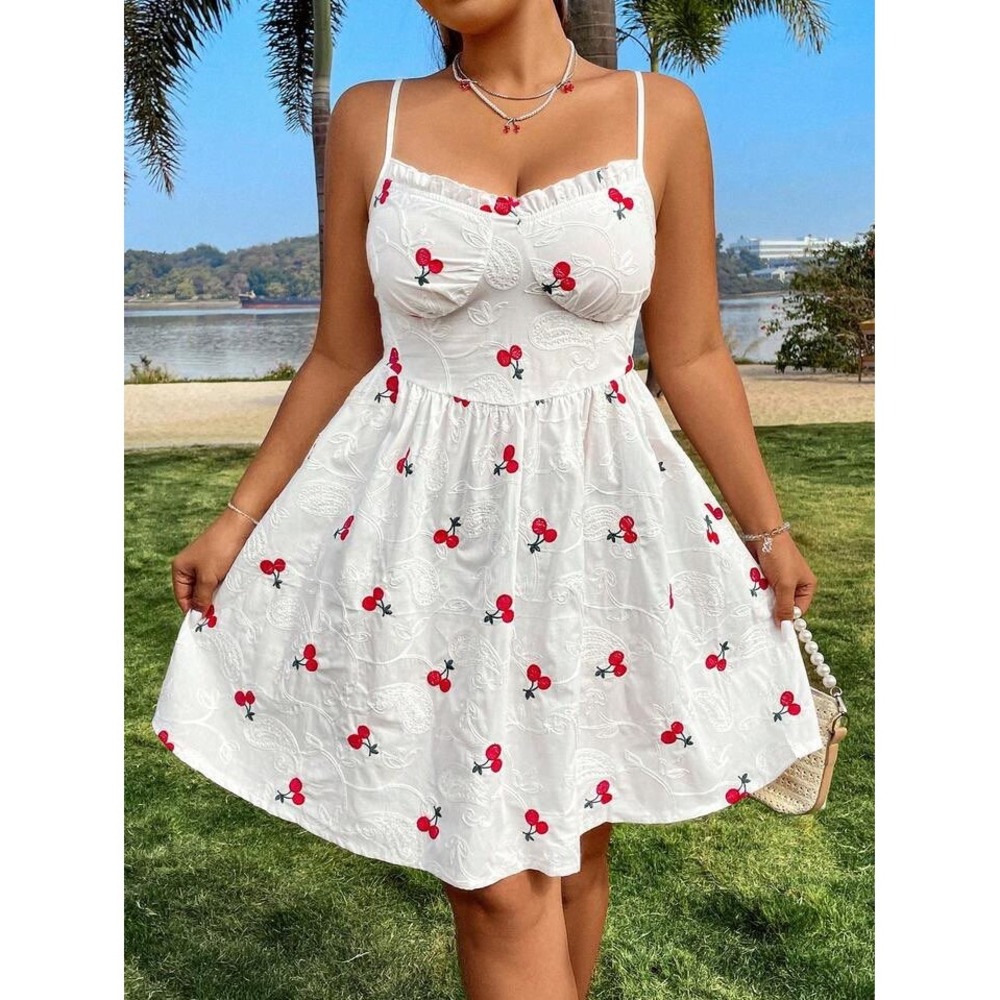 SHEIN Curve White Cherry Embroidered Eyelet Tie Strap Mini Dress 0XL